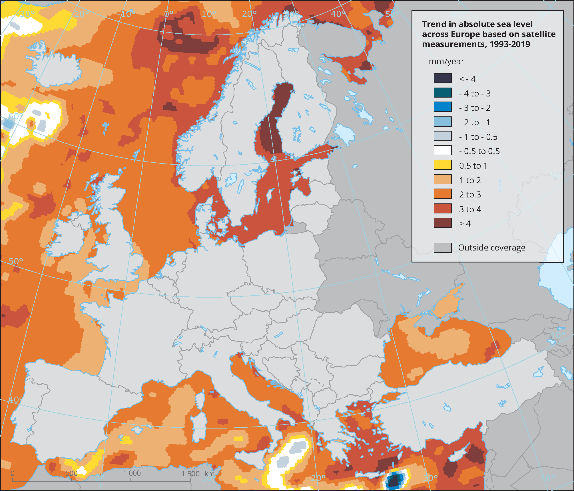 European trend mean sea level rise 1993-2019